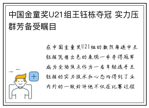 中国金童奖U21组王钰栋夺冠 实力压群芳备受瞩目